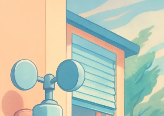 Un capteur de vent fixé sur une façade avec des stores partiellement remontés et des arbres agités par le vent, démontrant le système d'automatisation pour protéger les stores lors de vents violents.