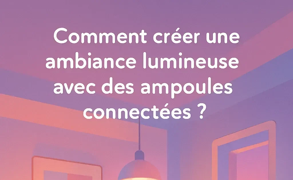 Salon moderne avec un éclairage d'ampoules connectées, diffusant des couleurs douces pour une atmosphère accueillante.