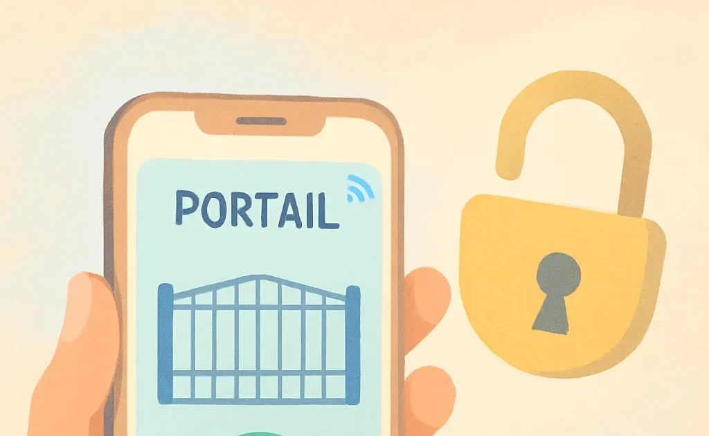 Image d'un smartphone montrant une application de portail connectée avec un cadenas ouvert, illustrant le partage d'accès à un tiers.