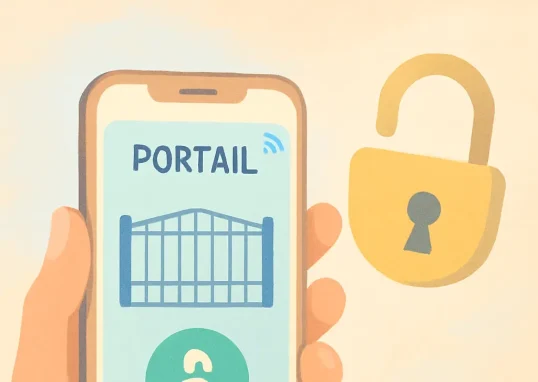 Image d'un smartphone montrant une application de portail connectée avec un cadenas ouvert, illustrant le partage d'accès à un tiers.