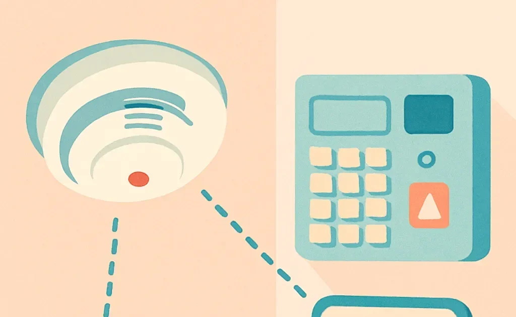 Image illustrant l'intégration d'un détecteur de fumée connecté dans un système d'alarme domestique, soulignant la communication entre le détecteur, l'alarme et un appareil mobile pour recevoir des notifications.