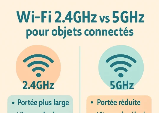 Un graphique comparatif qui montre les avantages et inconvénients des fréquences Wi-Fi 2.4GHz et 5GHz, avec des illustrations d'objets connectés comme des thermostats et des caméras de sécurité.