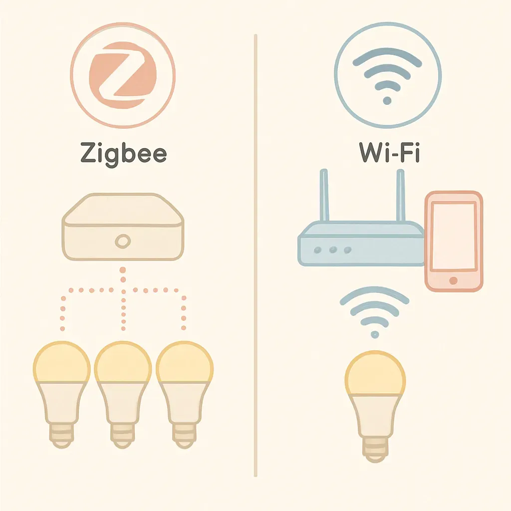 Graphique illustrant les caractéristiques de Zigbee et WiFi pour la domotique.