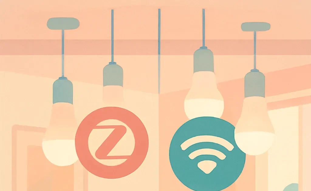 Un salon moderne équipé d'ampoules intelligentes avec des icônes représentant les technologies Zigbee et WiFi, illustrant le dilemme du choix de la connectivité.