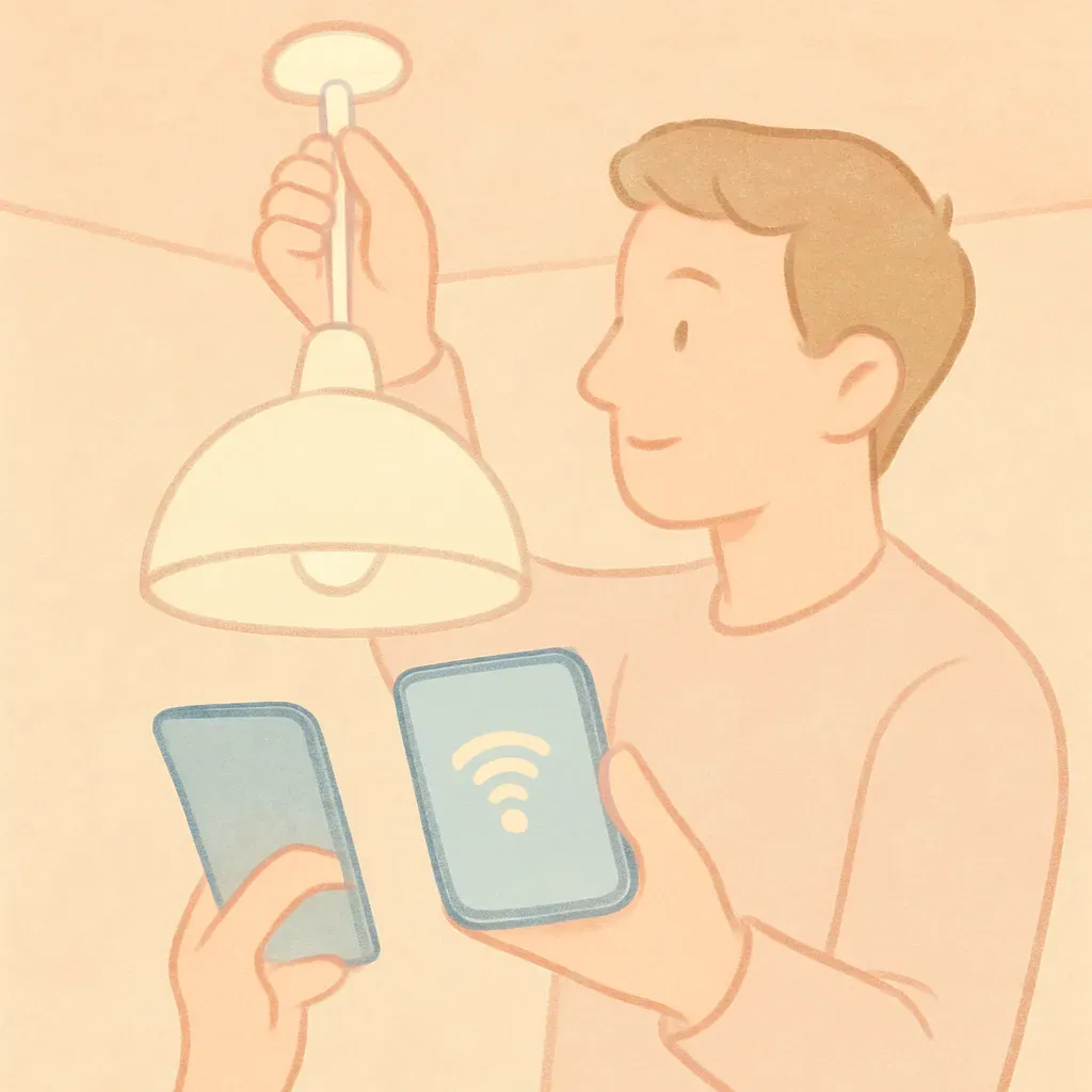 Utilisation d'une application mobile pour configurer une ampoule connectée via WiFi.