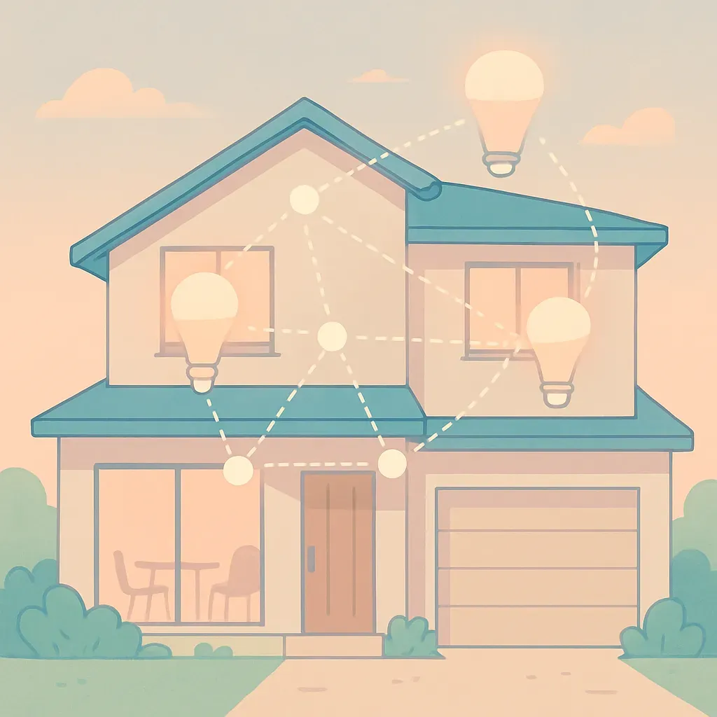 Intérieur de maison connectée avec une configuration Zigbee pour l'éclairage.