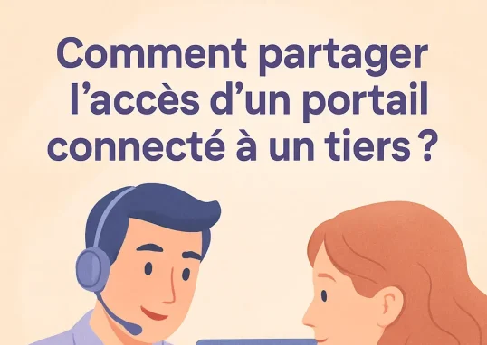 Un professionnel du service client aide une cliente à comprendre le processus de partage d'accès à un portail en ligne en discutant devant un écran.
