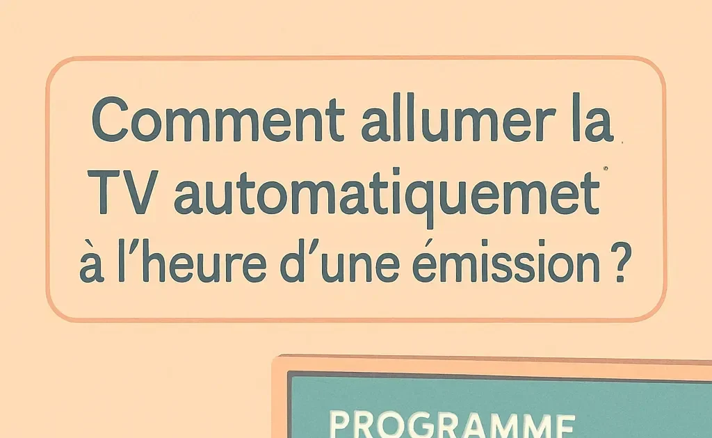 Télécommande et télévision moderne illustrant la programmation automatique pour allumer la TV à l'heure d'une émission.