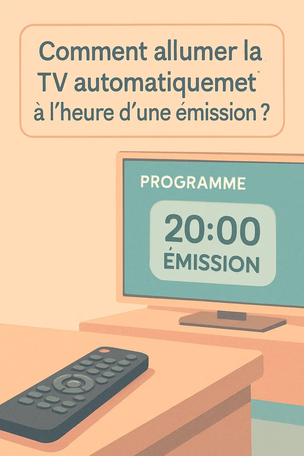 Télécommande et télévision moderne illustrant la programmation automatique pour allumer la TV à l'heure d'une émission.
