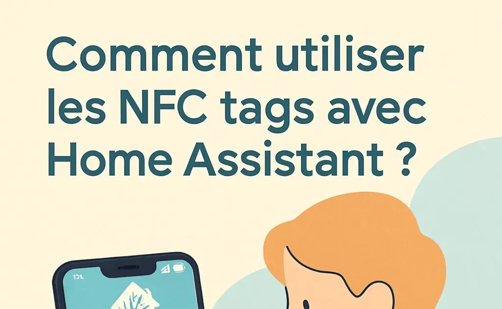 Une personne interagit avec un tag NFC à l'aide de son smartphone, montrant l'utilisation de Home Assistant pour automatiser des tâches.