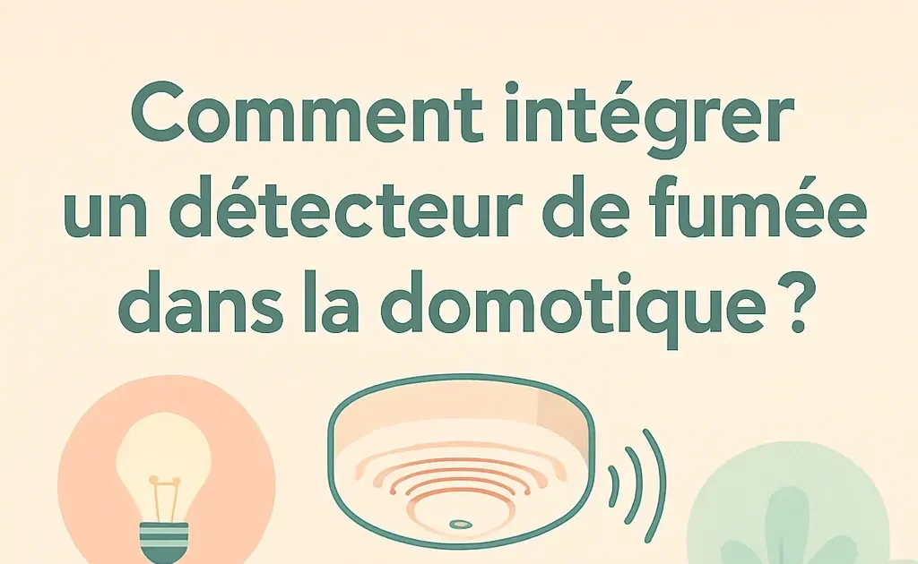 Vue intérieure d'une maison connectée, montrant un détecteur de fumée intégré dans le système de domotique, avec des interfaces numériques affichant des notifications de sécurité.