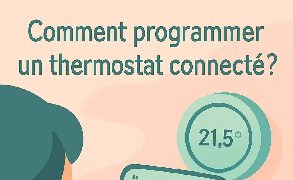 Une personne tenant un smartphone devant un thermostat moderne, avec l'application de contrôle à l'écran, illustrant le processus de programmation d'un thermostat connecté.