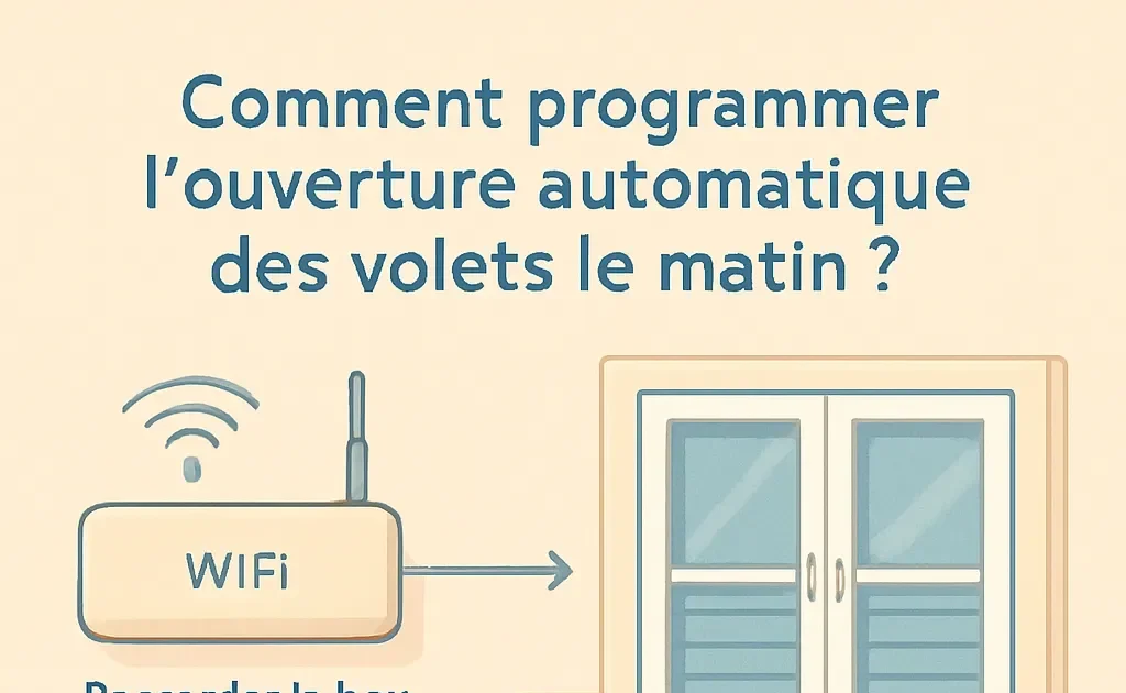 Schéma explicatif du câblage et de la configuration d'un système domotique pour l'ouverture automatique des volets le matin.