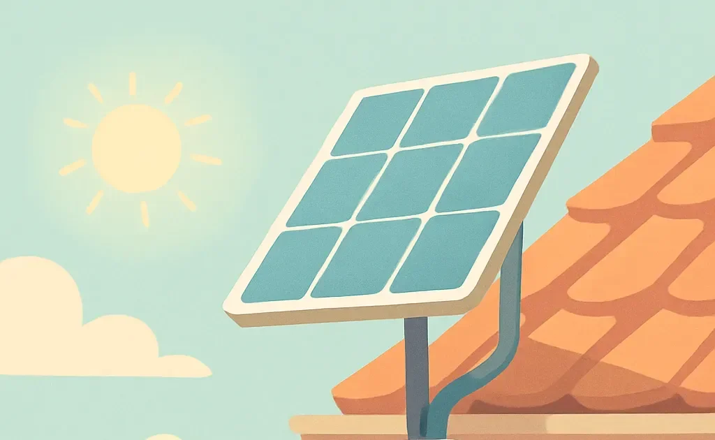 Une caméra extérieure connectée à un panneau solaire sur un toit, démontrant l'énergie solaire comme alternative à l'alimentation électrique traditionnelle.