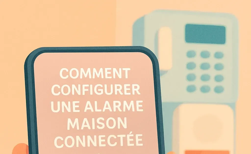 Main tenant un smartphone avec une application d'alarme maison, en arrière-plan un système d'alarme connecté flou.