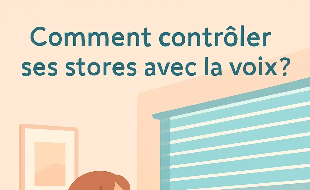 Un intérieur de maison moderne avec une femme détendue sur un canapé, regardant ses stores intelligents s'ouvrir grâce à l'utilisation de la commande vocale, soulignant l'intégration de la technologie dans la vie quotidienne.