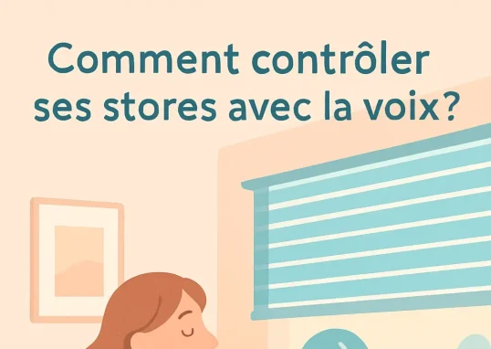 Un intérieur de maison moderne avec une femme détendue sur un canapé, regardant ses stores intelligents s'ouvrir grâce à l'utilisation de la commande vocale, soulignant l'intégration de la technologie dans la vie quotidienne.