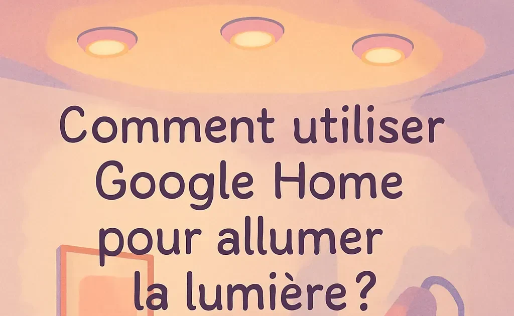 Intérieur d'une maison avec Google Home activant des lumières LED brillantes dans un salon.