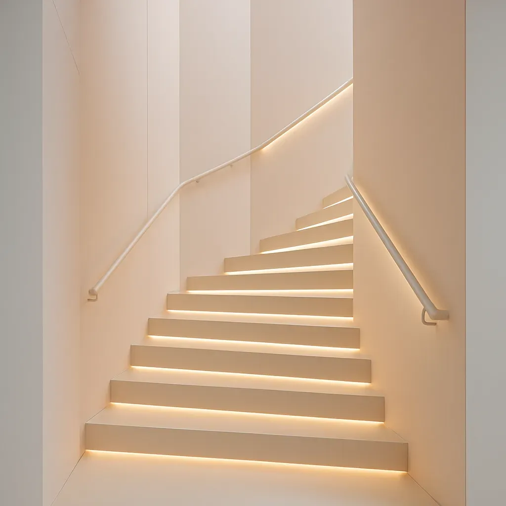 Escalier moderne avec un éclairage LED connecté élégant et contemporain.