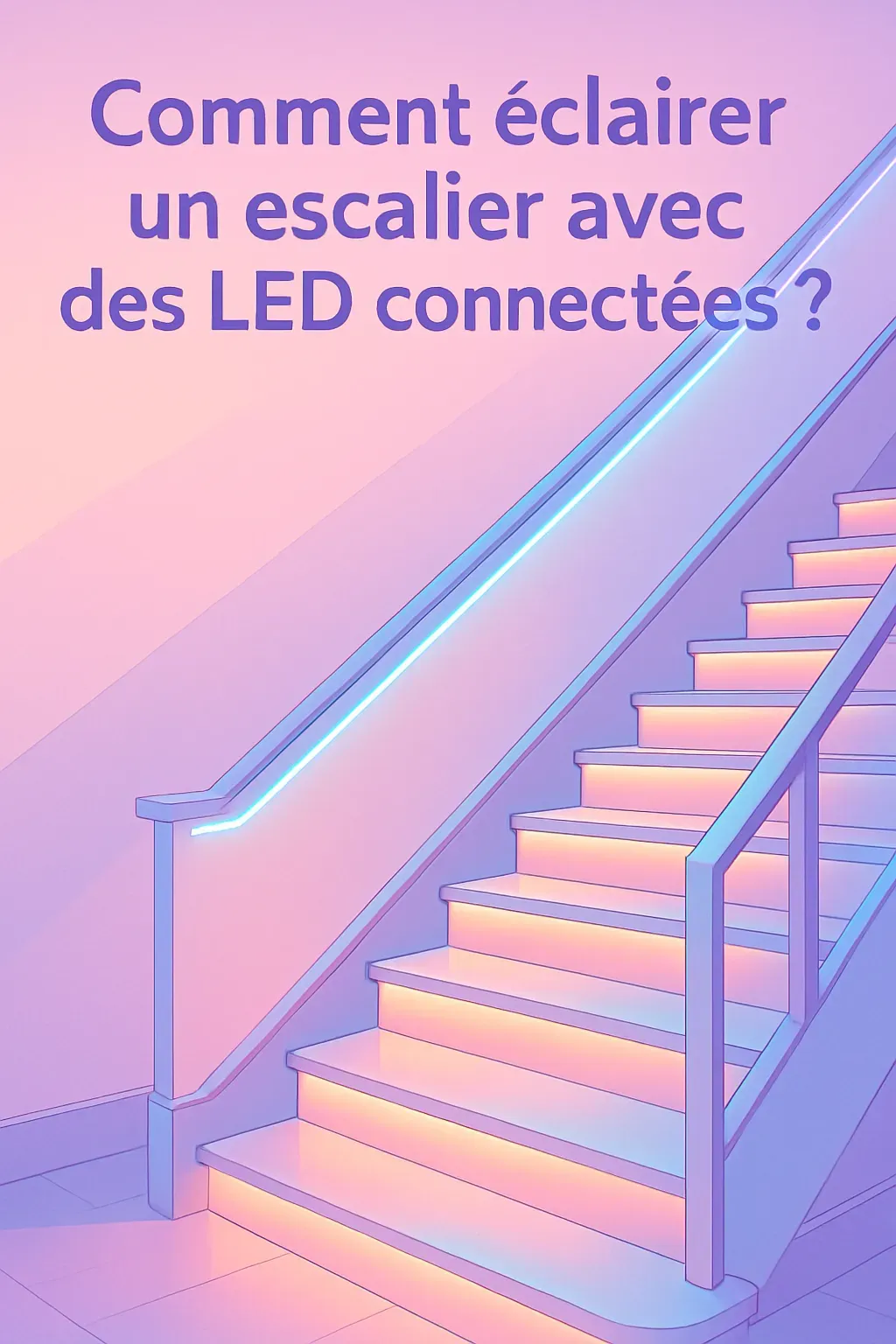 Lumineuse installation d'escaliers animés par LED connectées, offrant un éclairage élégant et intelligent.