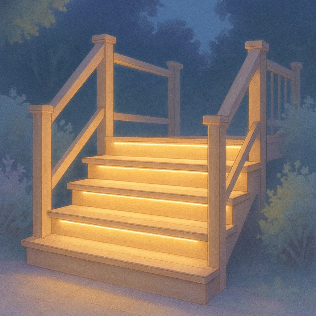 Escalier en bois illuminé par des LED connectées en extérieur, offrant une atmosphère nocturne agréable.