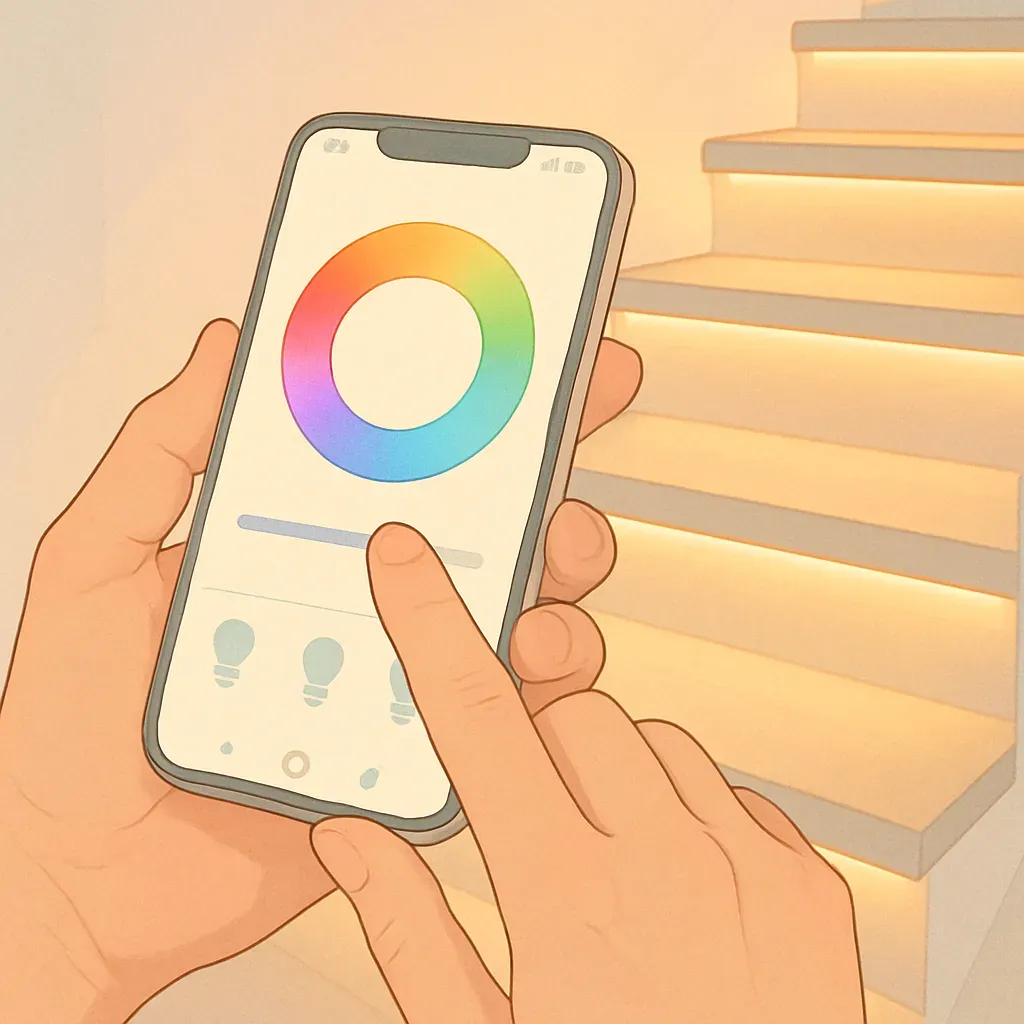 Main tenant un smartphone pour gérer les lumières LED connectées d'un escalier, montrant l'interaction utilisateur.