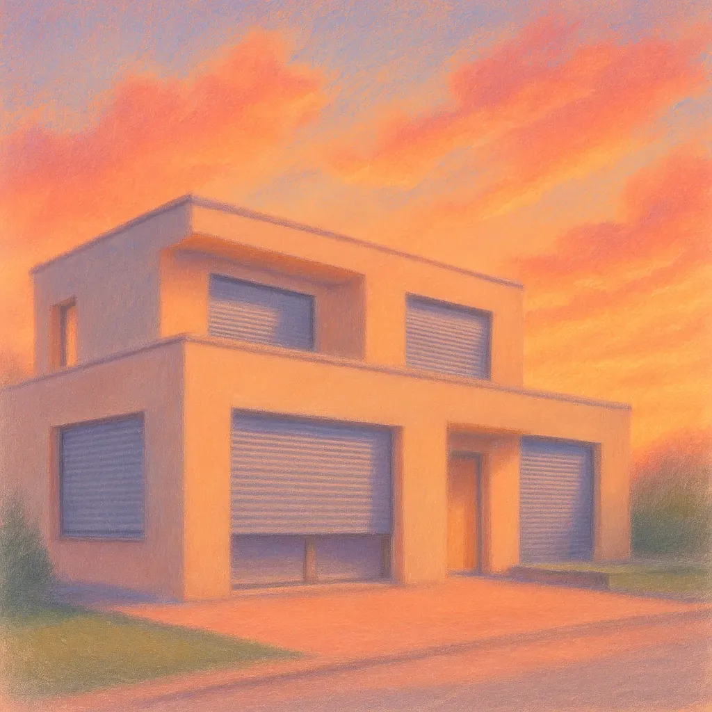 Volets automatiques se fermant au crépuscule sur une maison contemporaine.