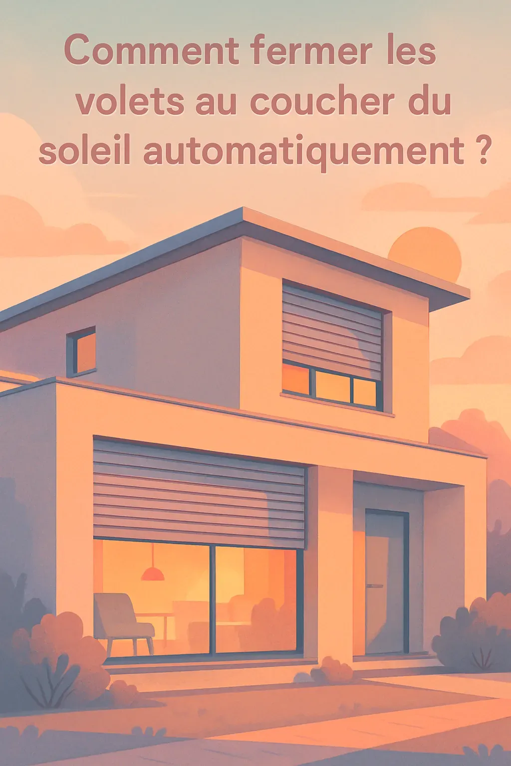 Illustration d'une maison avec des volets automatiques en train de se fermer au crépuscule, capturant le moment où la lumière extérieure diminue progressivement.