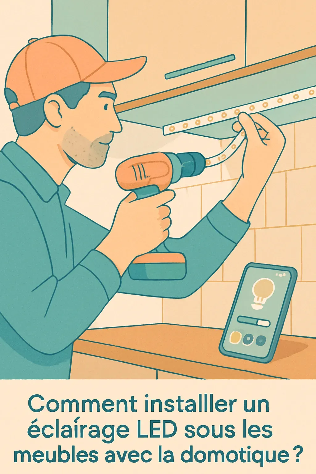 Vue rapprochée d'un buffet de cuisine moderne avec un éclairage LED installé en dessous, contrôlé par une application mobile visible à l'écran.