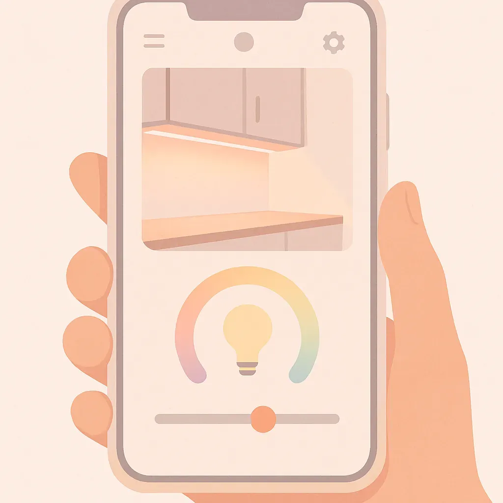 Image d'un smartphone tenu par une main, affichant une interface d'application de contrôle d'éclairage LED