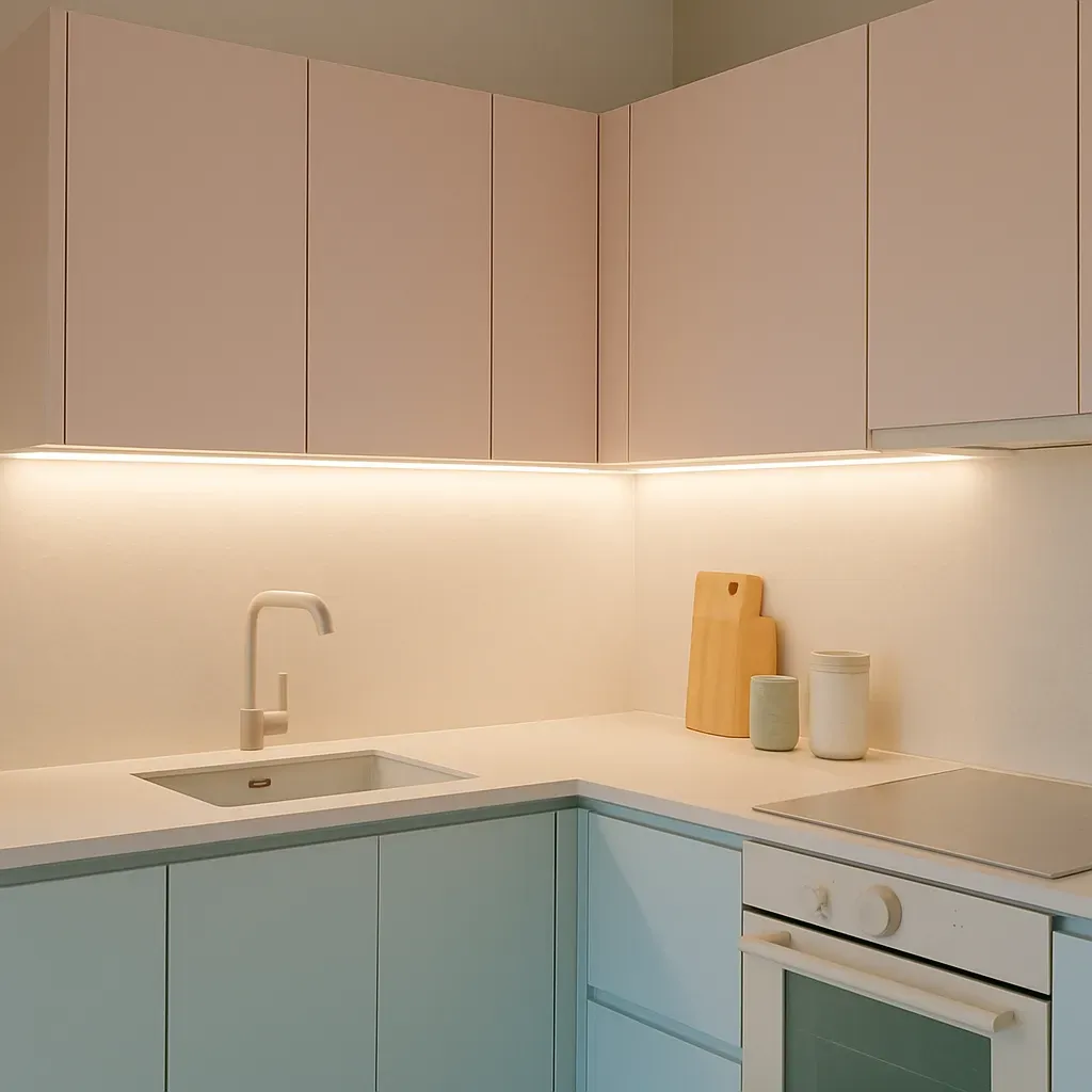 Vue d'une cuisine contemporaine avec un éclairage LED chaleureux sous les placards, mettant en valeur la zone de préparation