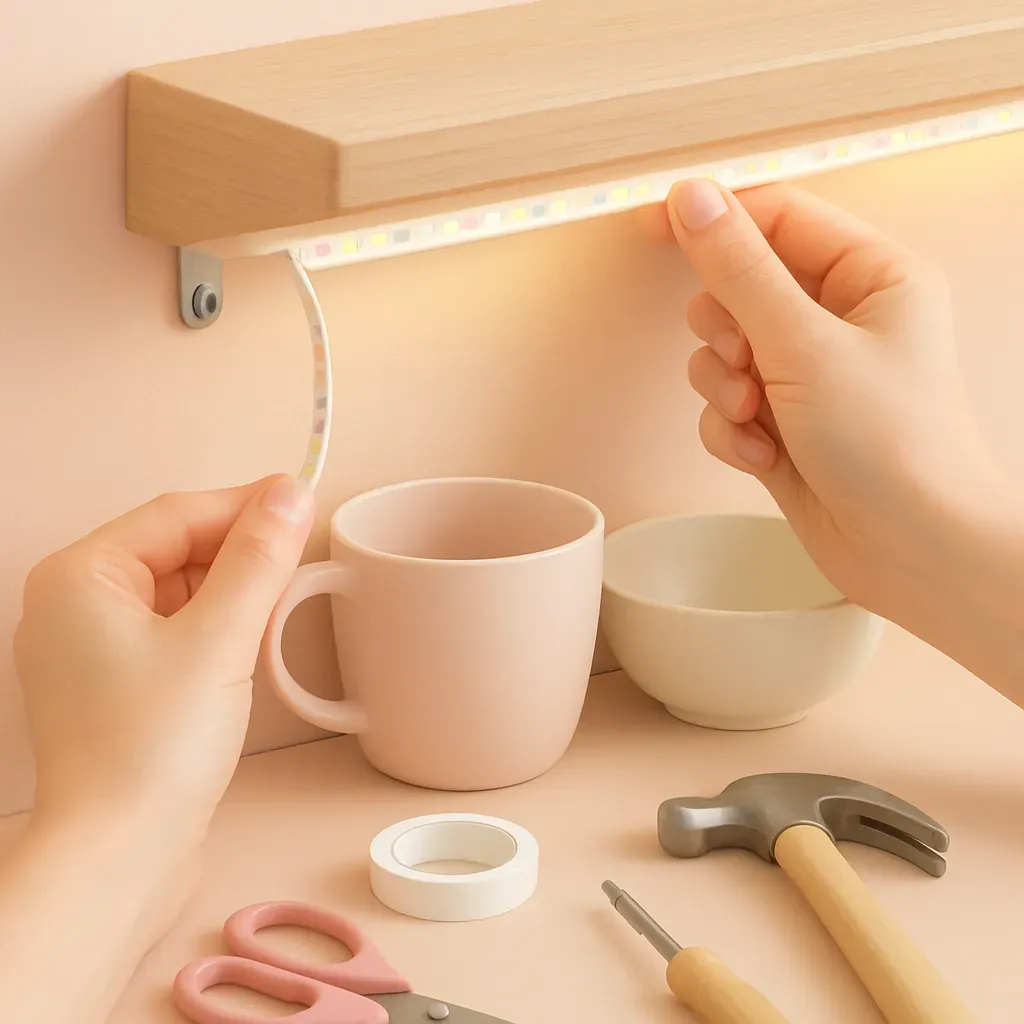 Photo d'une main installant un ruban LED sous un meuble de cuisine, avec un tournevis et des connecteurs visibles